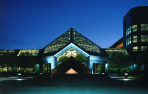 Architectural photo of building at dusk